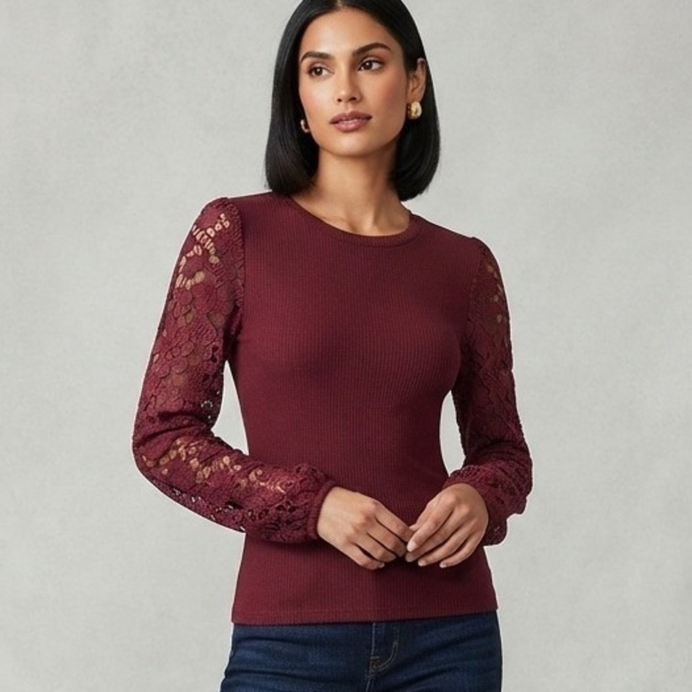 PRETTYGARDEN Ribbed Top Burgundy Lace Sleeve Fitted Coquette Romantic NWOT S